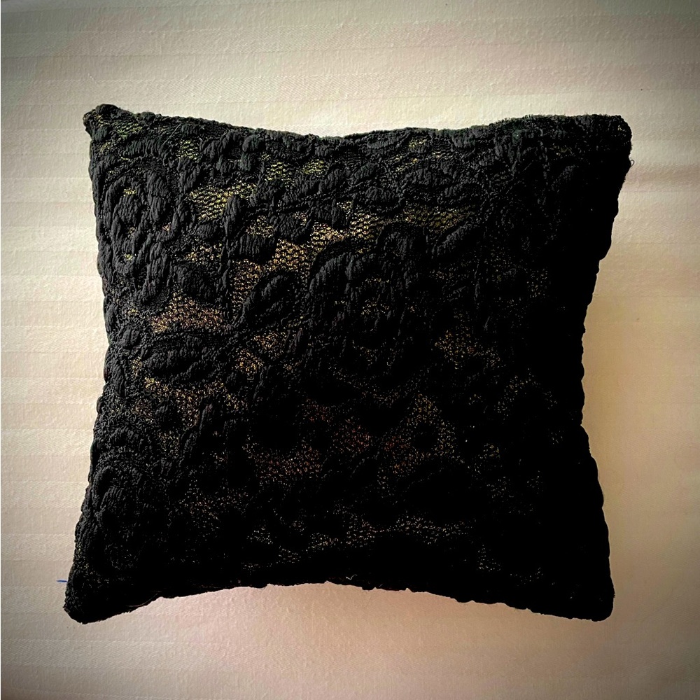 Decorative mini pillow. Gothic style. 8x8 inches. Black lace on sparkly layout